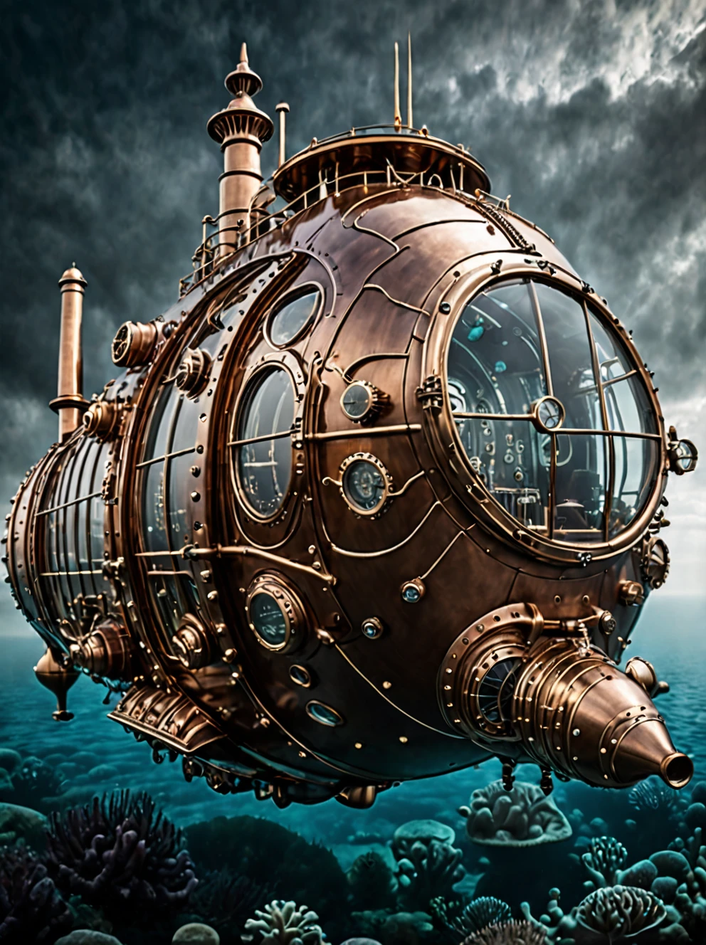 (high fashion, extremely beautiful:1.2), (complex details, masterpiece, best quality:1.2),  (complex details, masterpiece, best quality:1.2),in the steampunk nautilus-style, futuristic style, elegant, modern, high-tech, detailed, steampunk submarine,((completely submerged in water))+, the light++ in the portholes,
