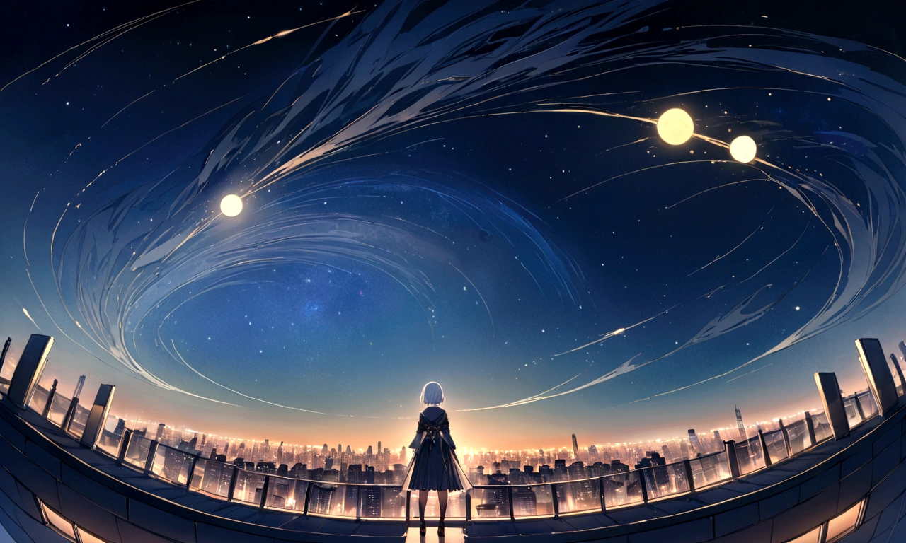 Highest quality,masterpiece,8K,girl,Silver braided short bob hair,starry skies,Celestial Bodies,(Standing on the roof of a city building),wide shot ,tachi-e,hairclip