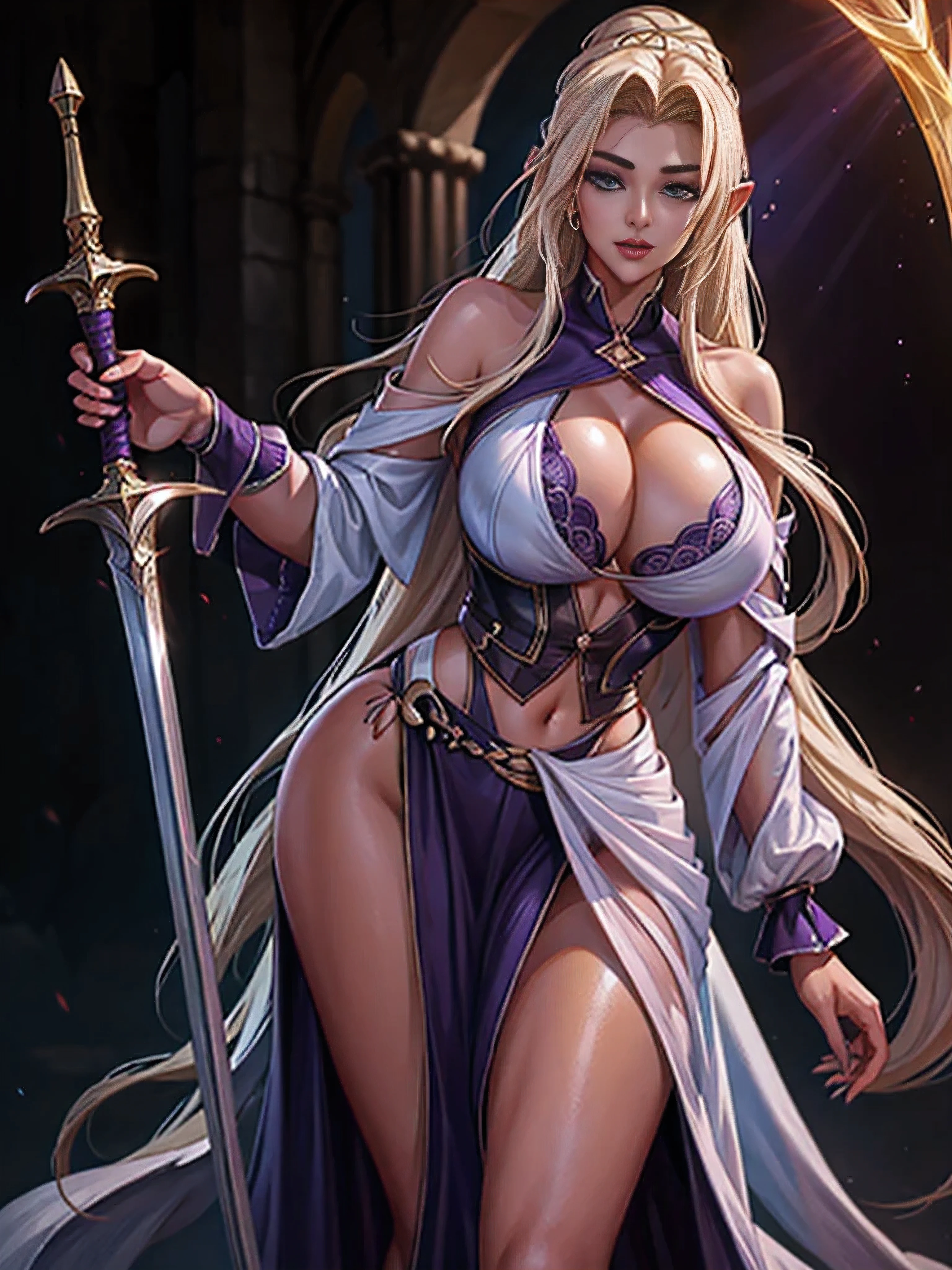 very young tan elf very beautiful,knight, holding a sword, long flowing white hair, high fantasy, huge round bulging breasts, dense long eyelashes, purple eyes, 4k, hd ,realistic, lewd expression, 