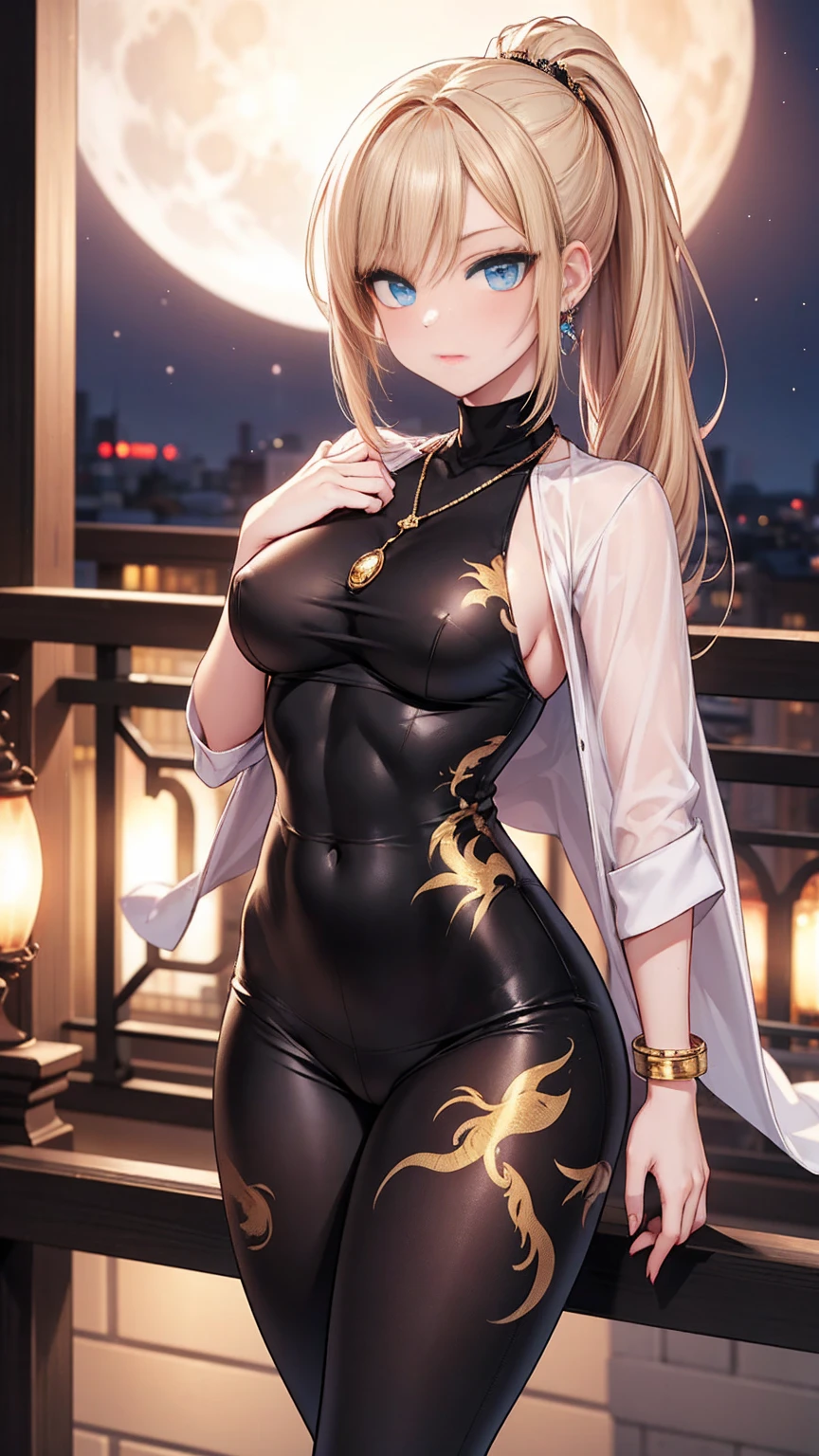 Beautiful woman with long straight ponytail blond hair with blue eyes wearing a Black Tight Leggings With Golden Dragon Prints, a Red Sexy Criss Cross Mock Neck Short Sleeves Dress With Phoenix Prints, luxurious jewelry and a luxurious necklace, 18k gold wedding ring on left hand, standing in a balcony at night of full moon, (caucasian skin), (light brown lipstick), (elegant mascara), (slim body with abs), (small breasts), (wide hips), midjourney, <lora:GoodHands-, <lora:GoodLegs-, UHD, high resolution, (masterpiece:1.1, best quality), (expressive eyes, perfect face, full body, expressive face, perfect body, perfect pussy, athletic, fit, slim body, blushing, Perfect makeup, eyeliner, beautiful eyelashes, smiling, horny face), ((best illumination, best shadows)), ((sexy pose))