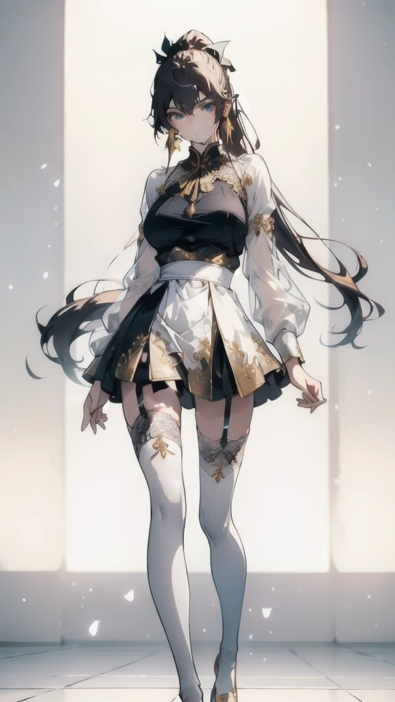 ((masterpiece, best quality)), Delicate face,Sword Princess,gold,whole body,Long legs,Large Breasts,Gradient double ponytail,Perfect body proportions,beautiful eyes,Extremely beautiful,transparent, Pure white background,sexly,比基尼,Ribbon,Lace,Garter stockings