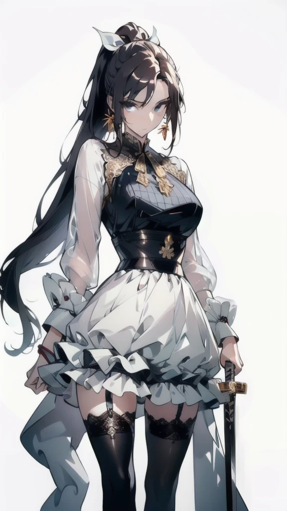 ((masterpiece, best quality)), Delicate face，Sword Princess，gold，whole body，Long legs，Large Breasts，Gradient double ponytail，Perfect body proportions，beautiful eyes，Extremely beautiful，transparent， Pure white background，sexly，比基尼，Ribbon，Lace，Garter stockings