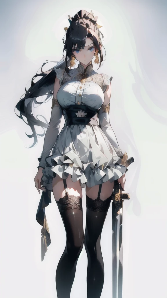 ((masterpiece, best quality)), Delicate face，Sword Princess，gold，whole body，Long legs，Large Breasts，Gradient double ponytail，Perfect body proportions，beautiful eyes，Extremely beautiful，transparent， Pure white background，sexly，比基尼，Ribbon，Lace，Garter stockings