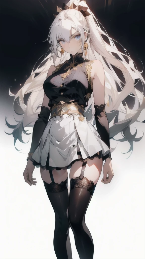 ((masterpiece, best quality)), Delicate face,Sword Princess,gold,whole body,Long legs,Large Breasts,Gradient double ponytail,Perfect body proportions,beautiful eyes,Extremely beautiful,transparent, Pure white background,sexly,比基尼,Ribbon,Lace,Garter stockings