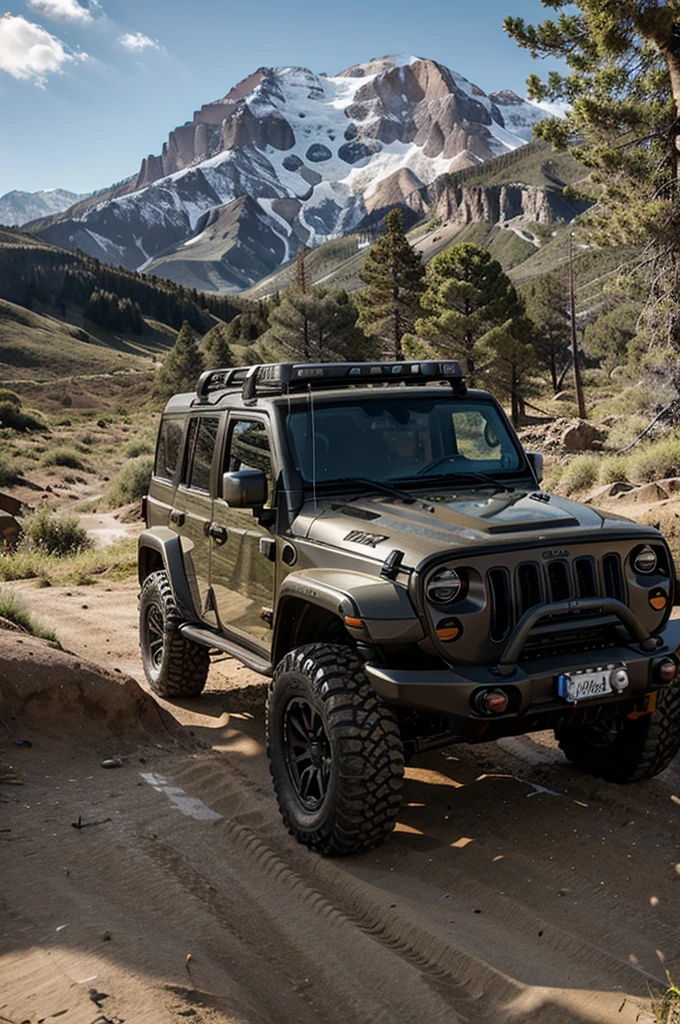A man standing in front of an offroad jeep with a very beautiful scenery in the background in the afternoon