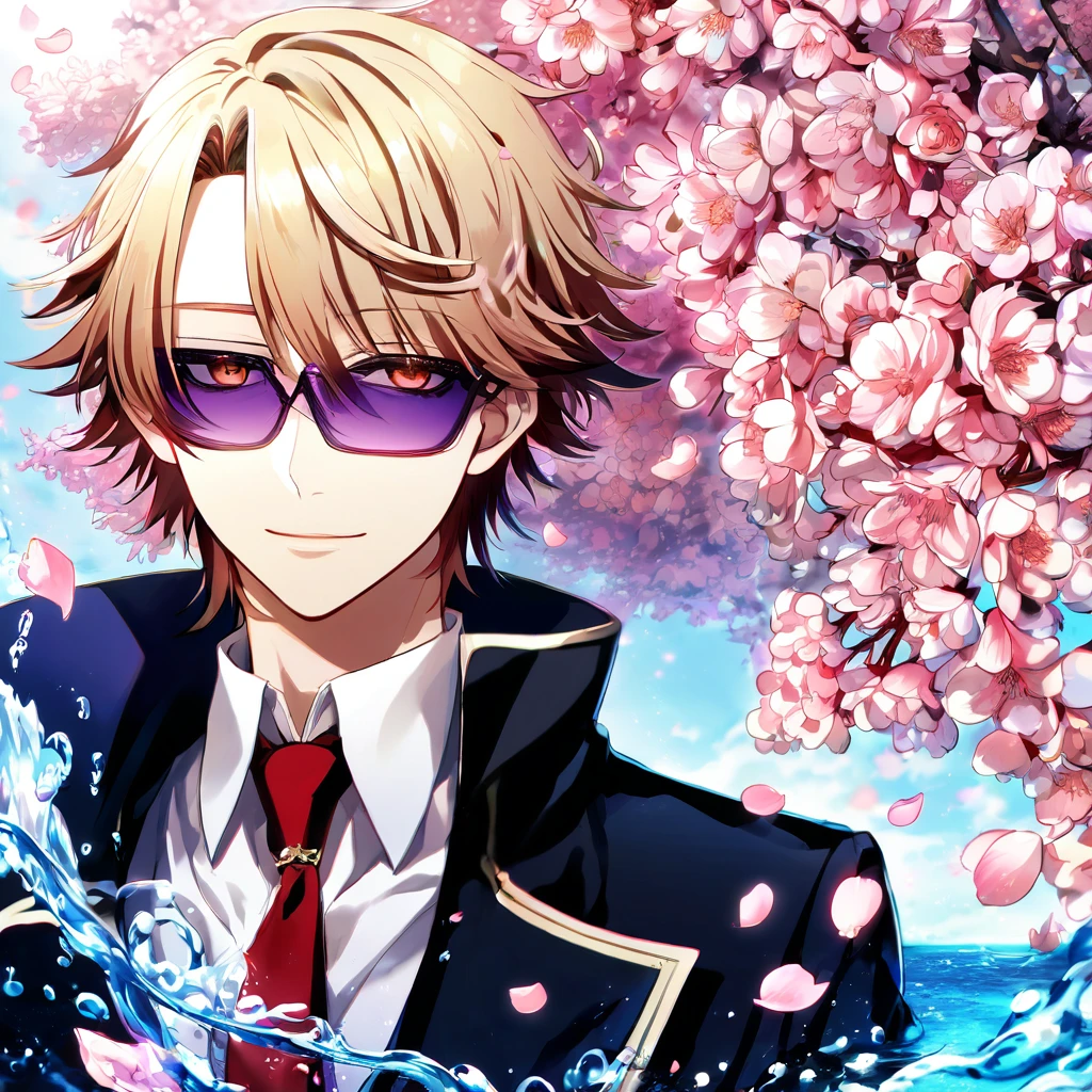 Ultra detailed, highres, absurdres, HDR, master piece, Kusanagi Izumo, short hair, dark blonde hair that has bangs hanging on the left side, without bangs, expressivee hazel eyes, black jacket, white shirt, red necktie, purple rectangle sunglasses, K Project, fantasy, pink petals, water, pink flowers, handsome, sexy man, solo, magical, best quality, blossoms, handsome smile, blue shining fireflies