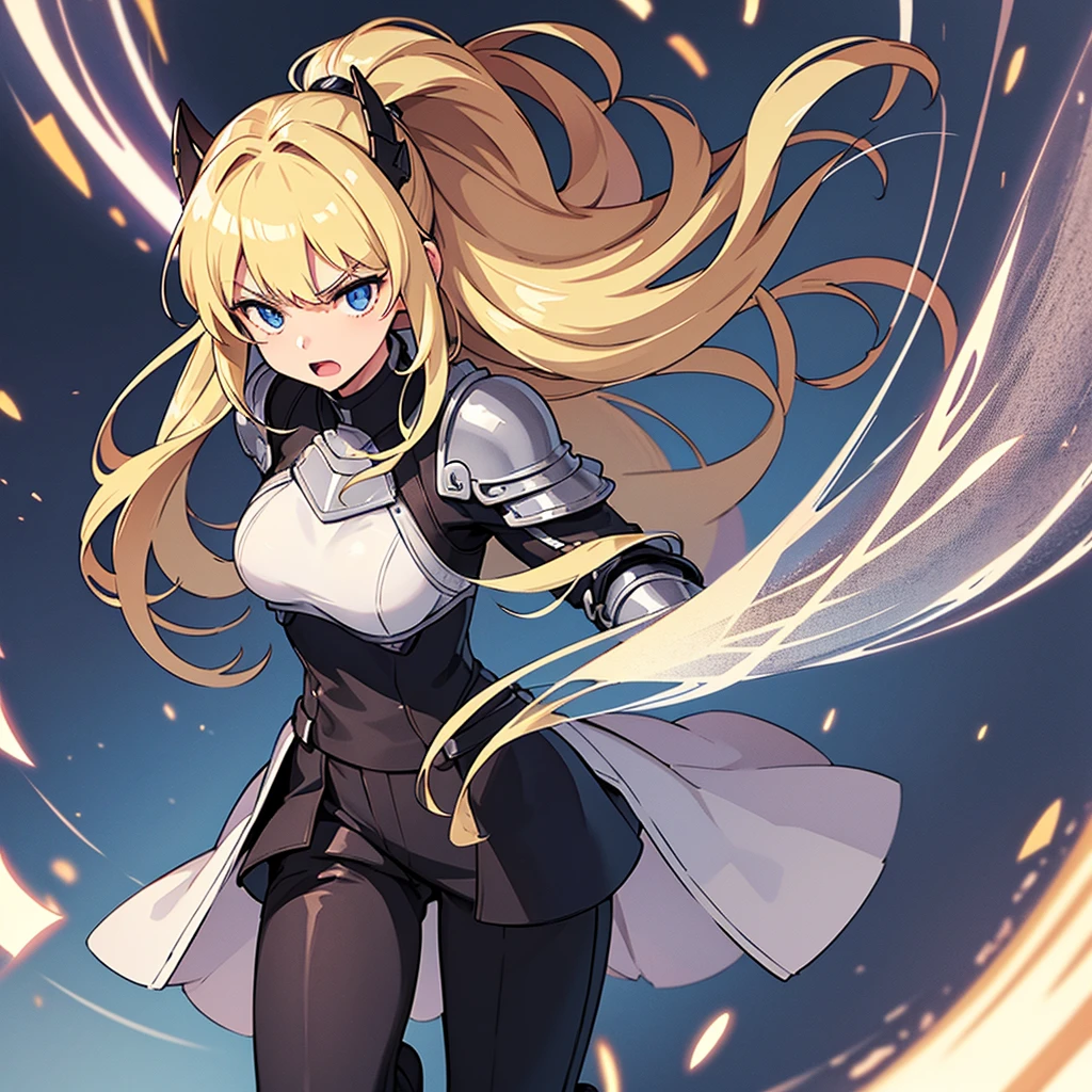 (((Solo)))、(Full body character concept)、Highest quality, Best Quality、(((Gray simple armor、Black trousers))、(woman、18-year-old)、(Blonde、Long Hair)、(Simple Background)、(get annoyed、Open your mouth)、(From below)、Glowing blue aura、Shining Light、Grab the sword、Movement angle、From above at an angle