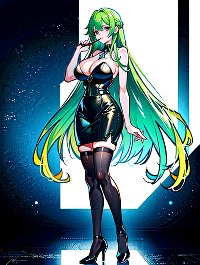 (masterpiece, top quality, best quality, official art, beautiful and aesthetic:1.0), (8k, best quality, masterpiece:1.2), very long hair, full body, (large breasts:1.4), very long hair, high heels, (pencil skirt:1.2), green hair, tall girl,black thighhighs