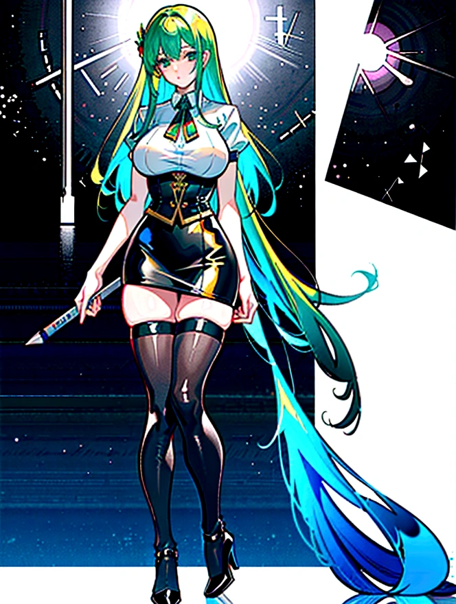 (masterpiece, top quality, best quality, official art, beautiful and aesthetic:1.0), (8k, best quality, masterpiece:1.2), very long hair, full body, (large breasts:1.4), very long hair, high heels, (pencil skirt:1.2), green hair, tall girl,black thighhighs