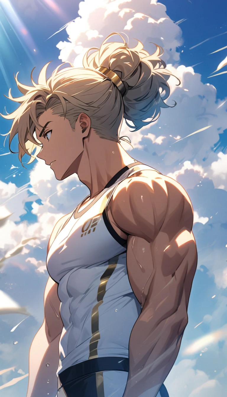 A muscular man in white and gold fitness clothing，Cool hairstyle，Blue sky and white clouds，Sunlight