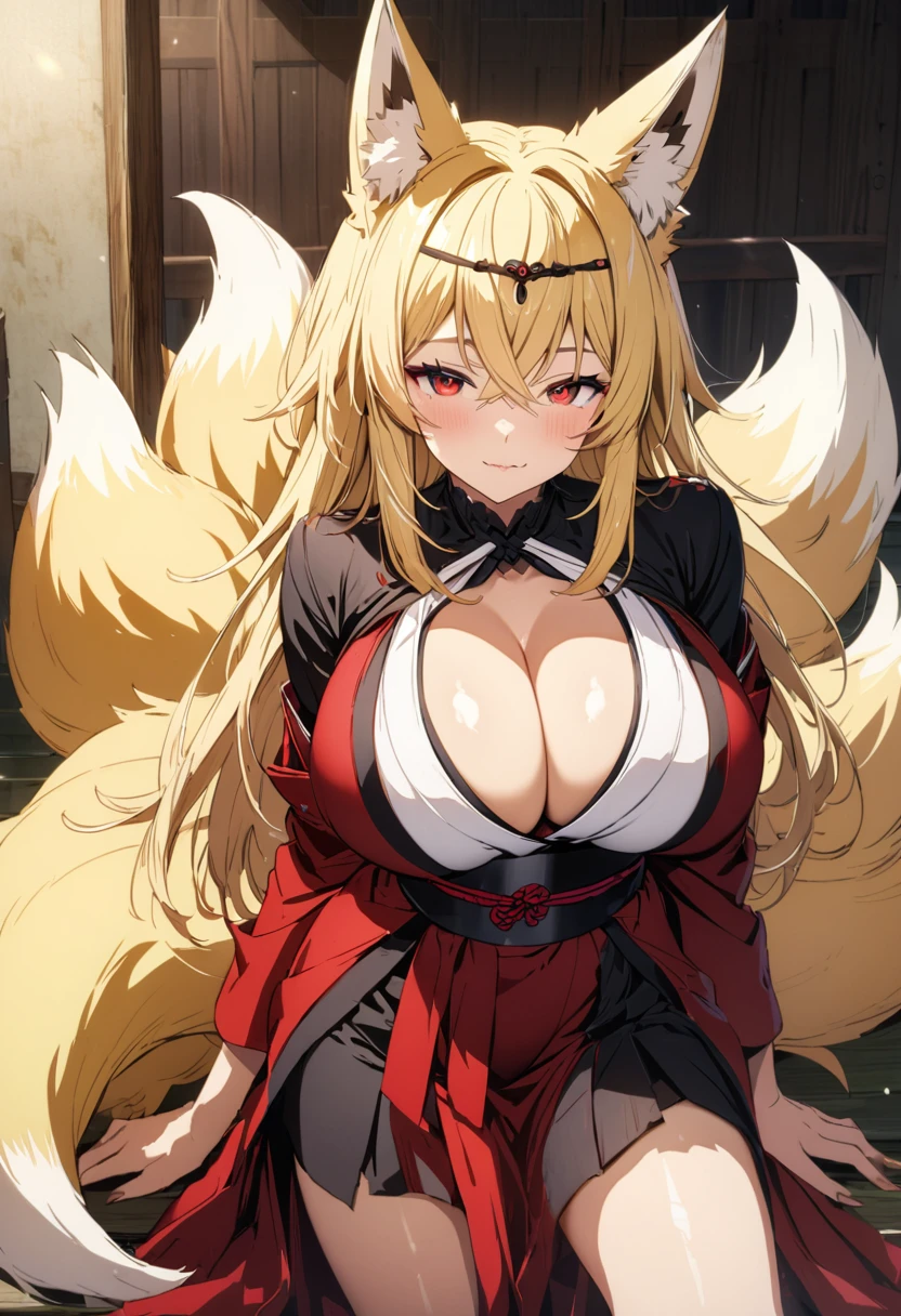 (masterpiece),(best quality),(ultra detailed),(illustration),(an extremely delicate and beautiful),(anime colored),woman is fox girl,monster girl,(giganticboobs:1.3),curvy,(shiny hair),very long hair,(flipped hair),sidelocks,(crossed bangs),(blonde hair),fox eyes,(((((((nine fox tails))))))),(((Japanese circlet))),(red eyes),(shiny skin),(((japanese kikono))),cleavage,thigh

