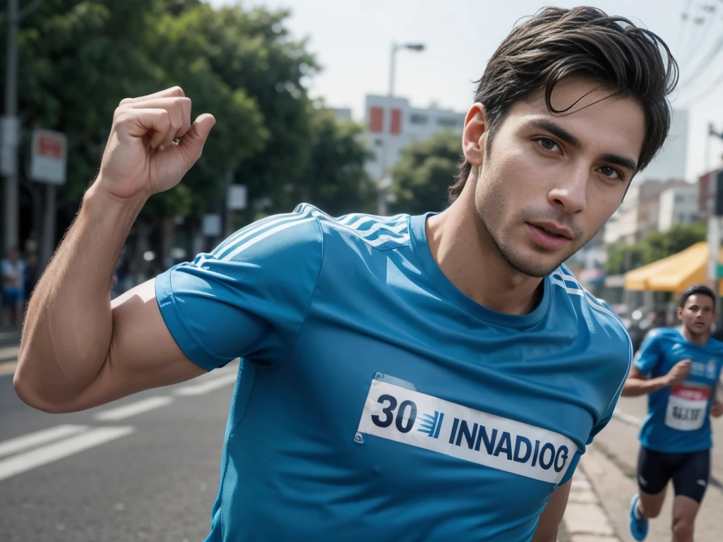 I want a handsome 30 year old Brazilian man running in a marathon with a blue shirt. 30 years old