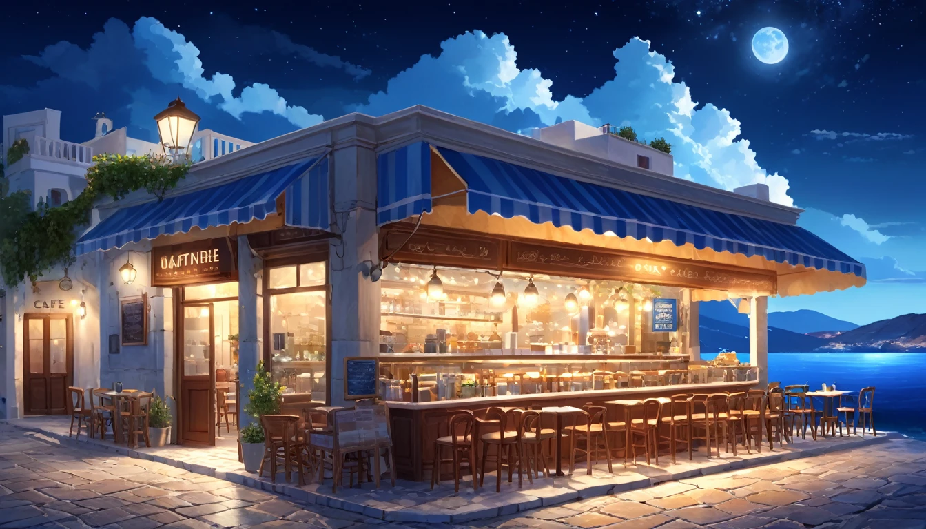 masterpiece, Highest quality, Super detailed, Cafe with sea view at night, scenery, over the counter, Greece, cloud, Outdoor, null, street,building, Realistic