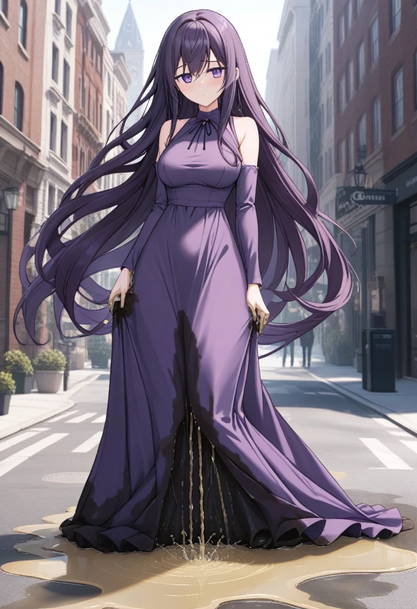 (masterpiece:1.37), best quality, (extremely detailed:1.37) woman, (adult:1.5), (very long hair:1.5), dark purple hair, purple eyes, (extremely detailed eyes:1.37), breasts, (very long dress:2.0), (very tight dress:2.0), (wetting herself:2.0), standing straight, full body day, daytime, glow, facing viewer, perfect composition, full body, city, street