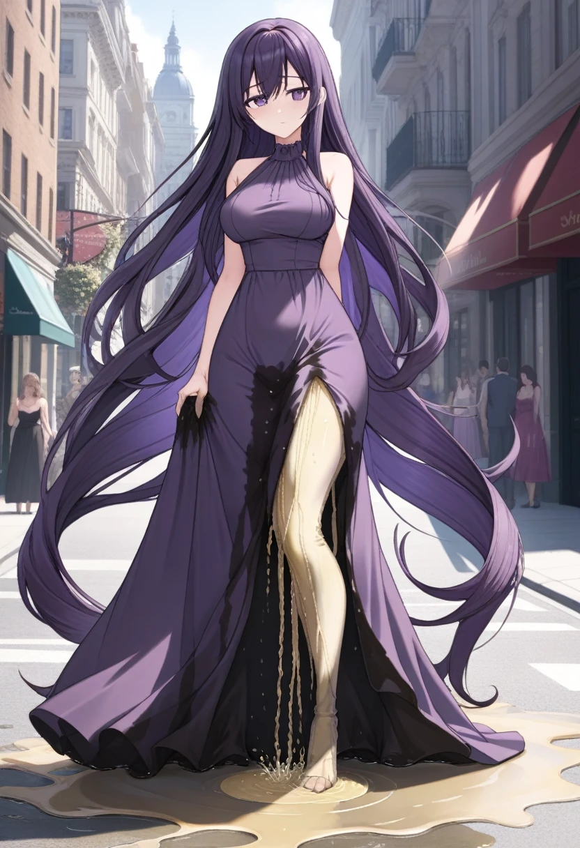 (masterpiece:1.37), best quality, (extremely detailed:1.37) woman, (adult:1.5), (very long hair:1.5), dark purple hair, purple eyes, (extremely detailed eyes:1.37), breasts, (very long dress:2.0), (very tight dress:2.0), (wetting herself:2.0), standing straight, full body day, daytime, glow, facing viewer, perfect composition, full body, city, street