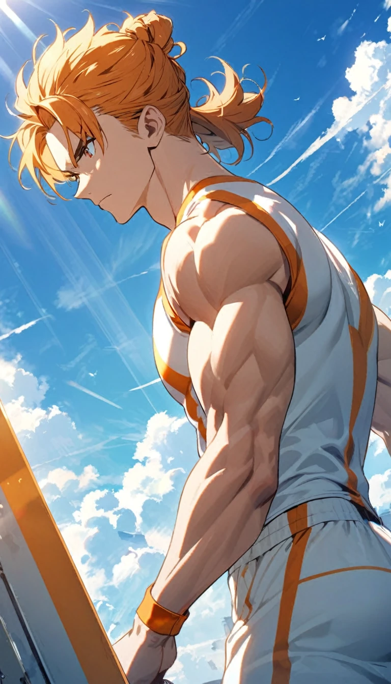 A muscular man wearing orange and white fitness clothing,Cool hairstyle,Blue sky and white clouds,Sunlight
