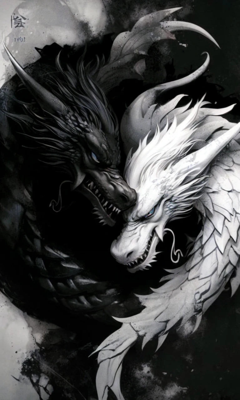 Create me a tattoo of two dragons, one white with blue eyes and one black with red eyes representing Ying and Yang