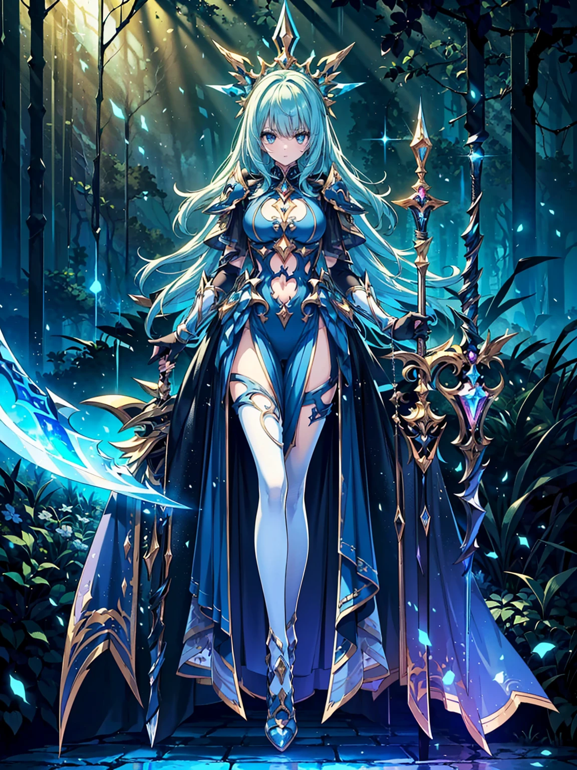 Design a layout showcase Gaming character, (1girl). 
Golden|Purple clothes, stylish and unique. 
((showcase weapon:1.4)), magic staff. 
(masterpiece:1.2), (best quality), 4k, ultra-detailed. 
(Step by step design, layout art:1.5), (luminous lighting, atmospheric lighting). 
magican, ((glove full hands)), (((revealing clothes:1.3))), vambraces, armored legwear, (((full_body_shot:1.4))). 
{In a mystical forest|On a magical battlefield}.