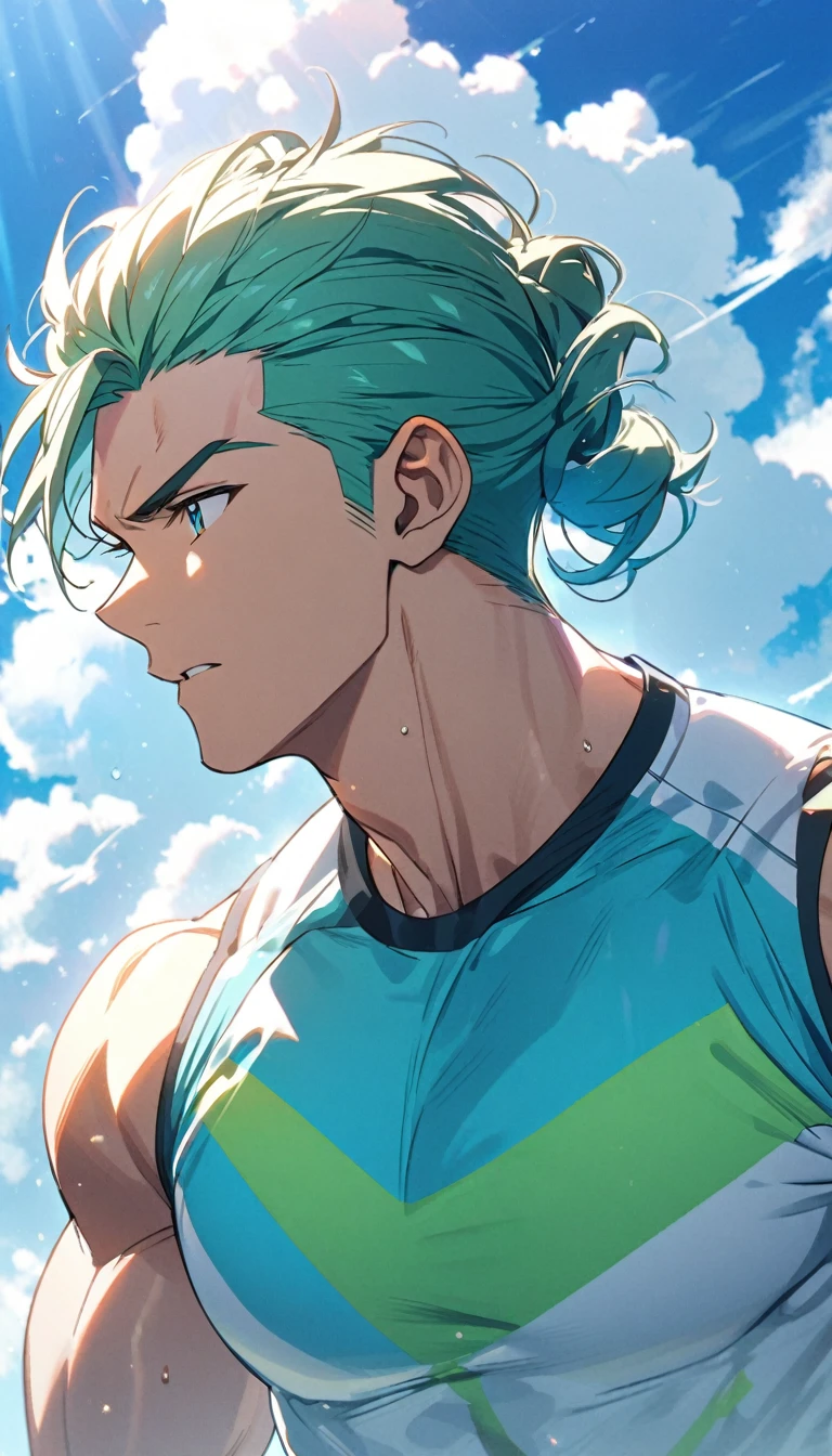 A muscular man wearing a sky blue and green fitness outfit，Cool hairstyle，Blue sky and white clouds，Sunlight