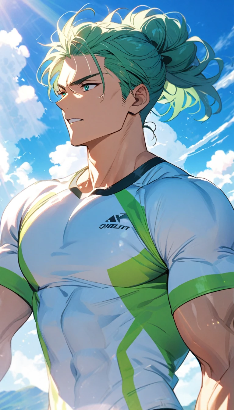 A muscular man wearing a sky blue and green fitness outfit,Cool hairstyle,Blue sky and white clouds,Sunlight