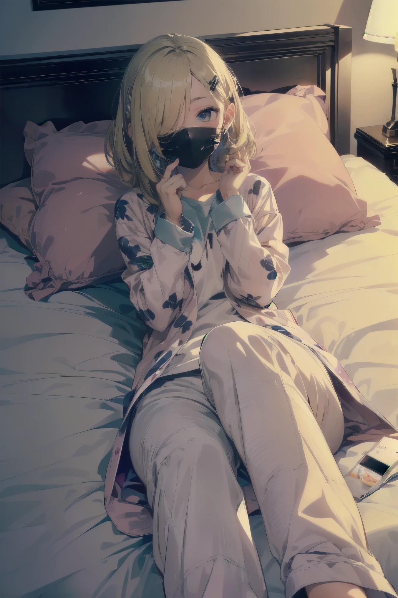 (white mouth mask:1.5)，(closed eyes), (lie on bed:1.5)，Highest quality, Anime Moe Art Style,Best Anime 8K Konachan Wallpaper，Perfect Anatomy, (One Girl:1.5), (alone,:1.8),high school student, short hair, (Straight hair:1.6)，(Medium chest)，(Blonde:1.8)，Complete limbs, Full Finger,medium breast，Small eyes,Accurate blue eyes, (hair over one eye:1.5)，Hair Clip, Very detailed,High resolution,Very detailed肌, Professional Lighting,8K eye detail, (Cute illustrations:1.2), (indoor),(Cute Girl&#39;s Room:1.4),(modern and sophisticated furniture:1.2),(plush velvet chair and ottoman:1.4),(elegant curtains and window treatments:1.2),(Designer Fashion:1.4),(Instagrammable fashion photo corner:1.2),(unique framed statement mirror:1.4),
(fashion runway style rug:1.2),(Customized closet filled with trendy clothes:1.2)，(gorgeous dressing table:1.2)，(Fashion Magazines:1.2)，(Cute decoration:1.4)，(chic lighting fixtures:1.4),(comfortable and stylish bedding:1.4)，(Specialized area for fashion accessories:1.3)，(高级饰品:1.2)，(fashion sketch and design book:1.2)，(bed:1.9)，(ankle socks:1.2)，nose blush ，A girl lying in bed with a cold with her head on the pillow, cute, detailed drawing, under art，
1 girl, bangs, bed, blush, sweat, cold, blond hair，(pajamas:1.5), indoors，lying on back, pillow, side lock, sleeping, on futon, on futon sleeping face to face，