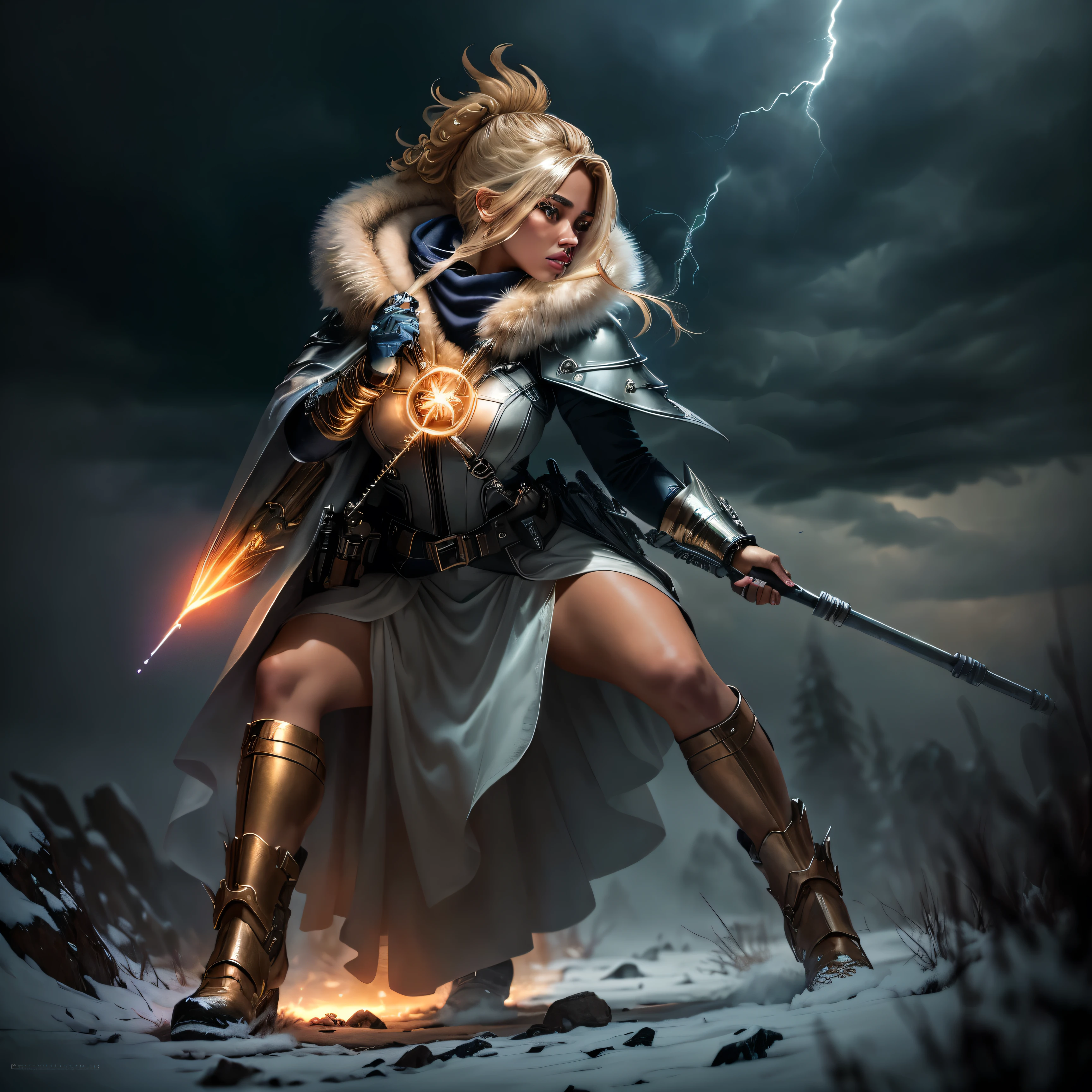 a weather witch holding a bolt of lightning, full body image, tan colored skin, caramel skin, beautiful detailed eyes, beautiful detailed lips, extremely detailed face, long eyelashes, long puffer vest, winter puffer vest, bubble vest, elegant futuristic dress, balenciaga style, dramatic lighting, fighting stance, cinematic, highly detailed, 8k, photorealistic, fantasy, magical, dramatic atmosphere, moody colors, dynamic pose, powerful energy, glowing lightning bolt, intricate details, mystical, awe-inspiring