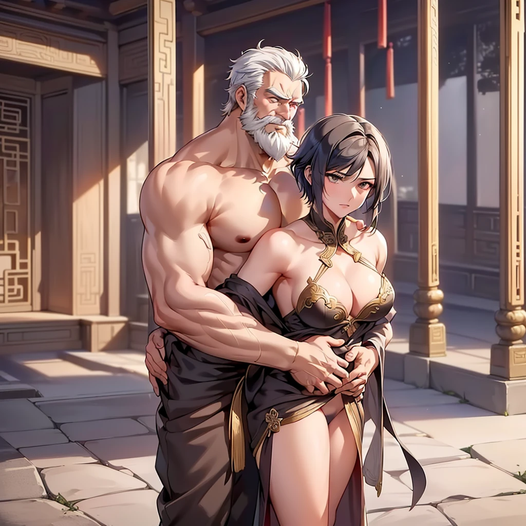 The emperor is a rugged and burly old man (tall body, handsome,shirtless,beard,short hair,hug,  being arrogant towards someone who sees it by tugging at a girl's bra until it is loose and torn,wearing robe,bad,   wearing the clothes of an ancient Chinese king , carrying a sword   ) making out with a girl concubine (age 22, beautiful, slender body, radiant skin ,short hair, wearing dudou, show armpits, ??????? are visible but ??????? are covered , clothes almost split in half,    defended the emperor in shame    )an ancient royal chamber chinese,good looking,8k,masterpieces:1,5,whole full body,  oldman is taller than girl.