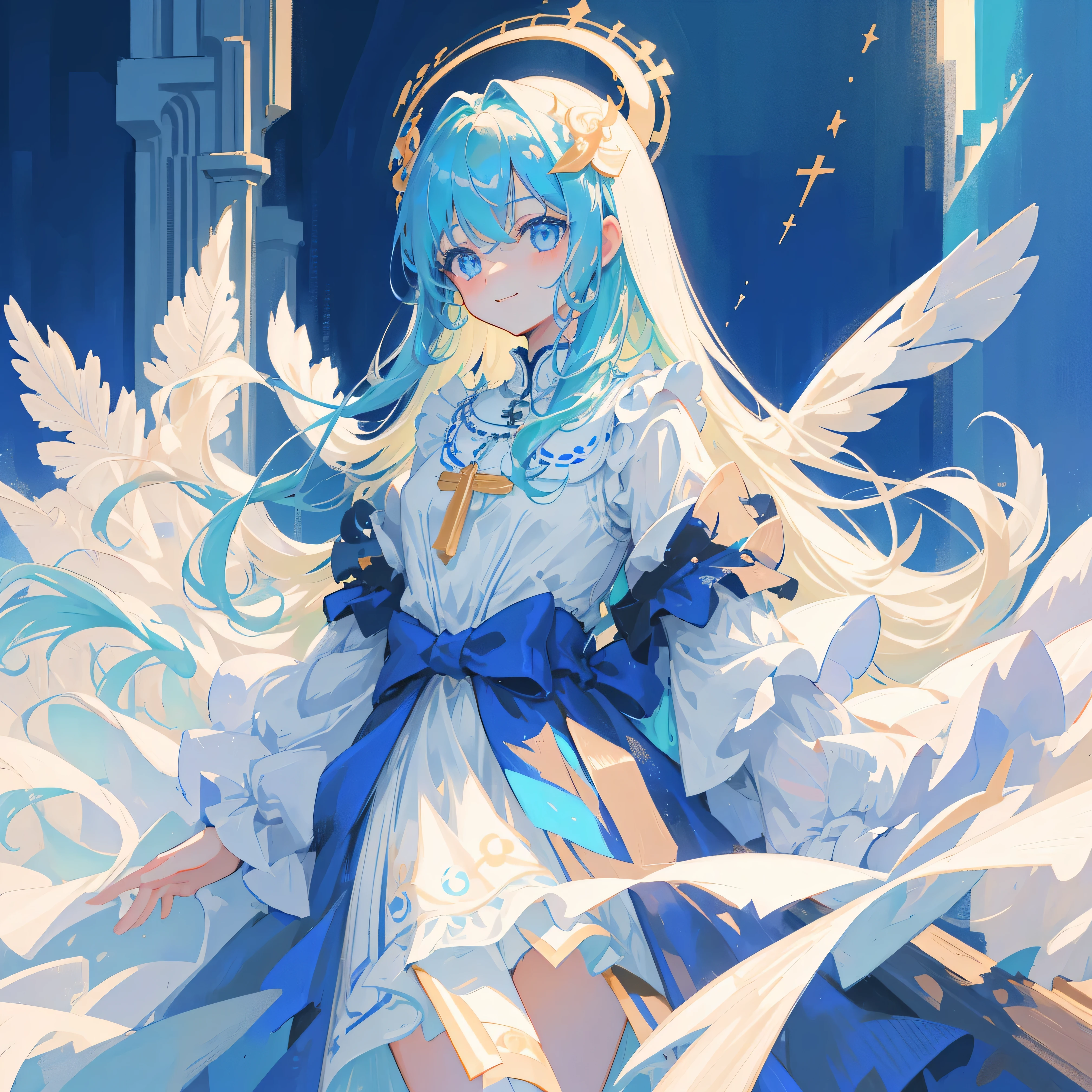 (((Masterpiece))),(((Best quality))),((Extremely detailed)),(illustration),((Extremely exquisite and beautiful)),(Beautiful and delicate eyes),(Detailed lighting) (1 Girl), 独奏 , floating_hair,Glowing eyes,Light blue hair,blue eyes, Double tail, Light blue sky background,Light blue church monument background,White pantyhose,Cross necklace,Smile (Anime style), Beautiful and delicate face,(Cute face:1.3),(big eyes:1.2),(Priest girl clothing),Installation details,(Magic Effects:1.3),floating long dress,(Thin cloth:1.2),Clear facial features