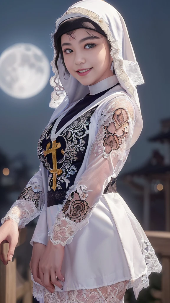 (masturbation:0.25),(Orgasm:2.0),(A Ultra cute young Japanese nun:2.0),(she wearing a decorated with lace nun costume and scart slim fit:2.0),(beautiful detailed dropped eyes:2.0),beautiful detailed lips, (extremely detailed cute and beautiful face:2.0), longeyelashes, (slender woman body:1.5), (beautiful short hair:2.0), (natural makeup,big smile:1.5), incredibly beautiful skin,(professional lighting, bright lighting, photorealistic, 8k, high resolution, best quality, masterpiece, ultra-detailed:1.75), vivid colors, (Moonlit Night:1.5),(The moonlight shines on her face:1.2),(She is in the convent:1.2)