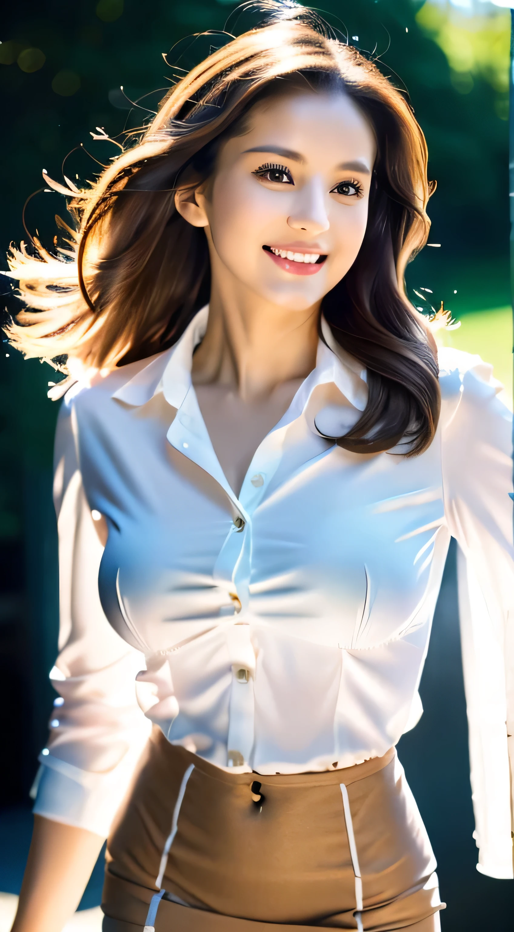 (Highest quality,Super detailed,Photorealistic:1.37),Very beautiful eyes, Bright and vibrant colors,Studio Lighting, Playful expressions, Very fine grain, Stylish makeup,Beautiful fashion model posing, Ribbon Blouse Silk Shirt, loose long shirt, (mini black pencil skirt) (Skin Tight Skirt), Slim figure, Huge round breasts, High Fashion, silver hair fluttering in the wind,Captivating eyes,Glossy Lips,Sexy pose, Confident、Captivating smile, Posing for a professional photo shoot, Shallow depth of field, emphasize the subject, Soft natural light, Create a dreamy and magical atmosphere.White long sleeve button up blouse_With collar_Remove up to the second button_Brown pleated mini skirt、((Extra long brown hair:1.2)),standing gracefully、full figure supermodel standing, entire body in frame、((running over here at a slight jog:1.3)),((Wearing high heels:1.5))