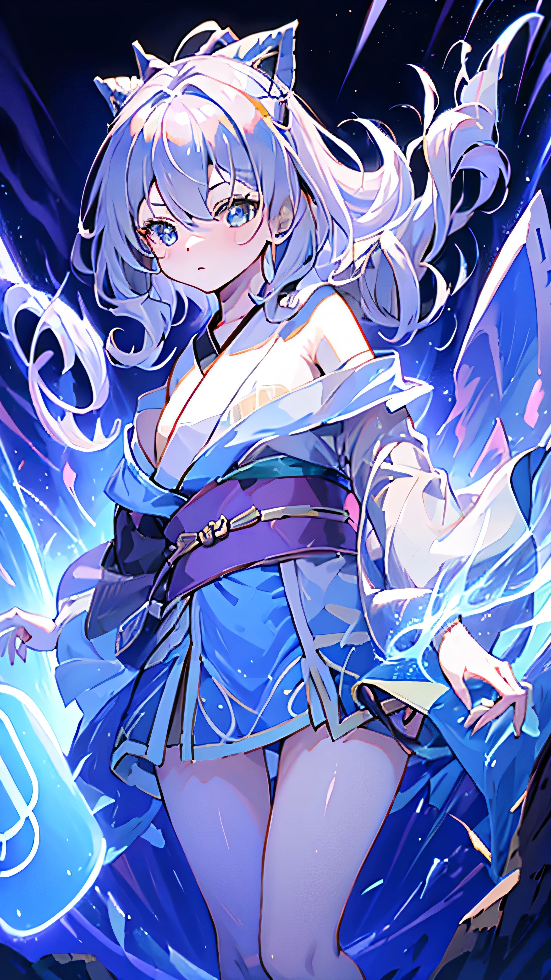 Criança;
naughty girl;
Wolf ears and tail;
Long messy hair;
gray hair;
Kimono with lightning cloud details;
Rays around the body;
It&#39;s in a black space full of clouds forming;
Sky blue eyes;



No fundo tem o espaco sideral com uma dimensão se formando 

Galaxia 
