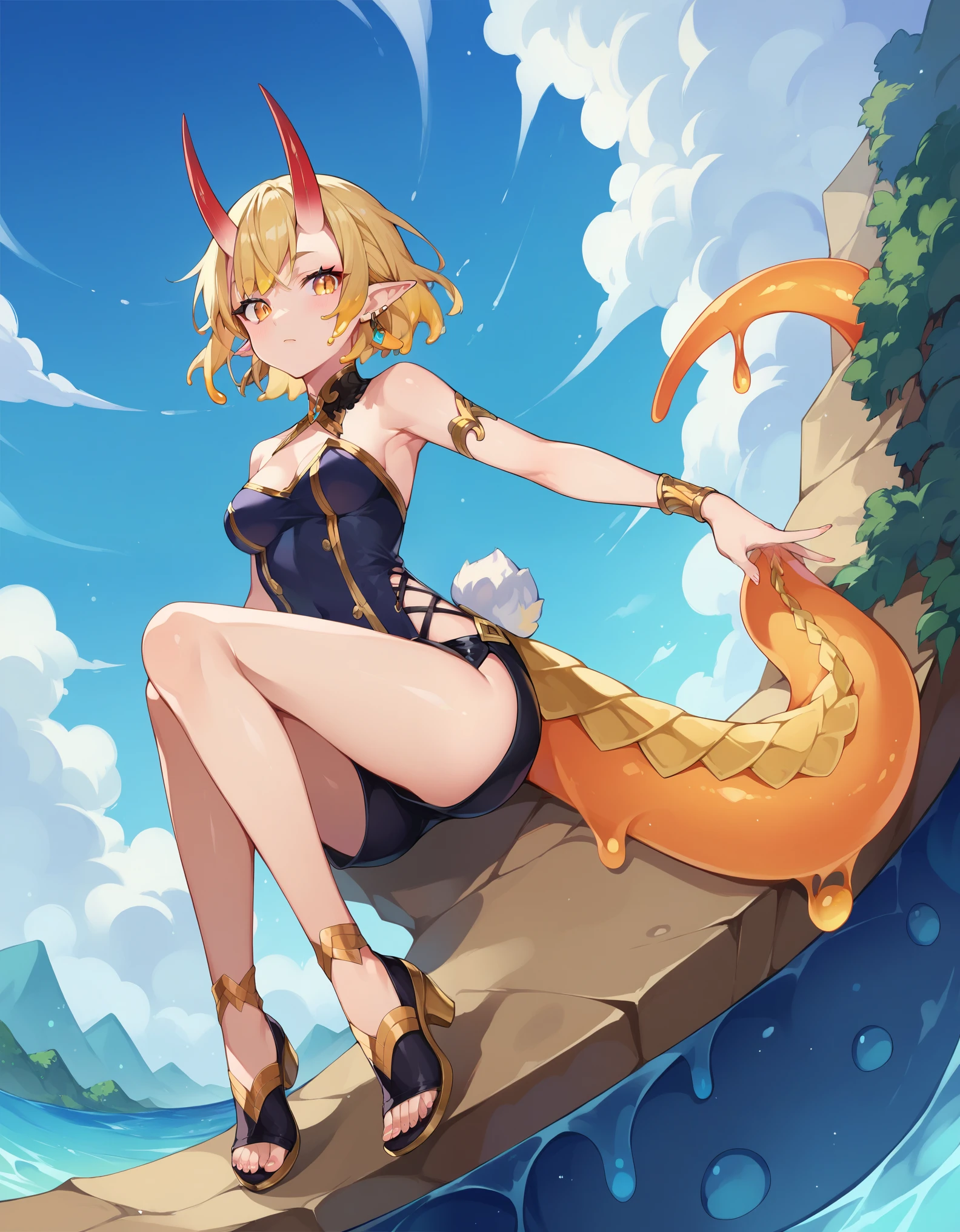 score_9, score_8_up, score_7_up, score_6_up, source anime, jewelry, gold trim,
1girl, feather trim, solo, jewelry, blonde hair, earrings, multicolored hair, gradient hair, short hair,
whorled clouds, blue sky, full body,
oni horns, dragon tail, slime girl, rabbit tail, slit pupils, pointy ears, kuronagamimi,
lack|kintadistortion