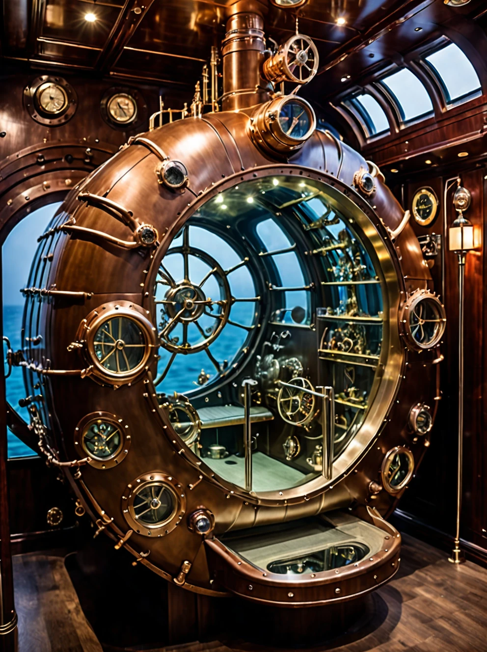 (high fashion, extremely beautiful:1.2), (complex details, masterpiece, best quality:1.2), (complex details, masterpiece, best quality:1.2),in the steampunk nautilus-style, futuristic style, elegant, modern, high-tech, detailed, steampunk submarine,((completely submerged in water))+, the light++ in the portholes,