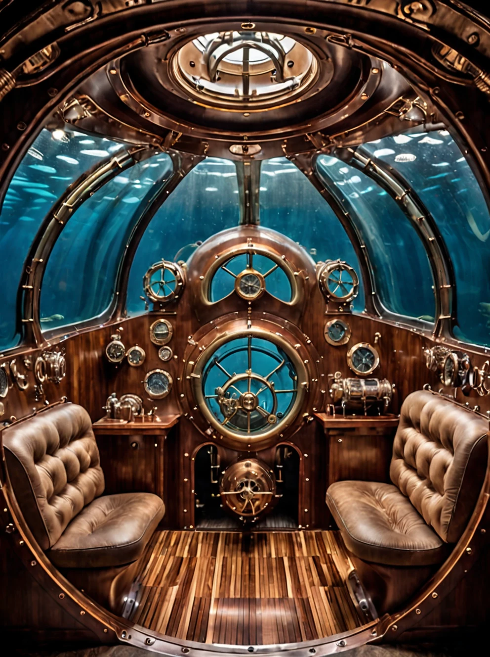 (high fashion, extremely beautiful:1.2), (complex details, masterpiece, best quality:1.2),  (complex details, masterpiece, best quality:1.2),in the steampunk nautilus-style, futuristic style, elegant, modern, high-tech, detailed, steampunk submarine,((completely submerged in water))+, the light++ in the portholes,
