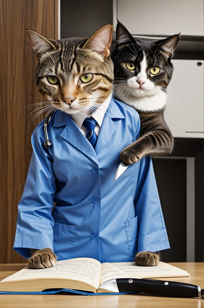 A cat dressed as a doctor doing consultation with a bad mood face 