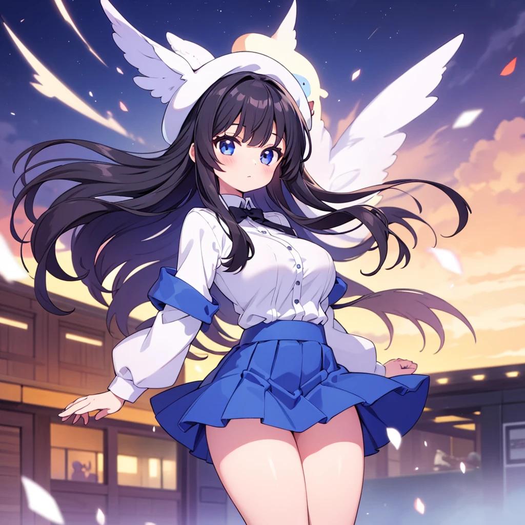 japanese anime style。illustratio。Fantasia。White feathers。girl with。A dark-haired。eye glass。undergarment。Fantastic background。Colossal tits。pubick hair。teats。a miniskirt。Shy。crouching down。Opening the crotch。