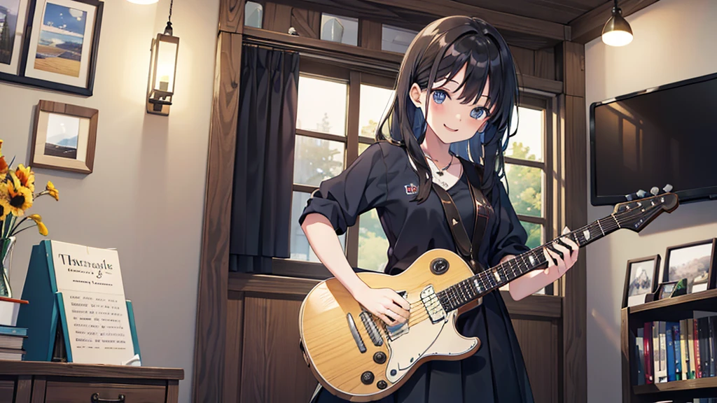 ((Highest quality、、masterpiece:1.3))、room、One Woman、Black Hair、smile、dance、Playing guitar