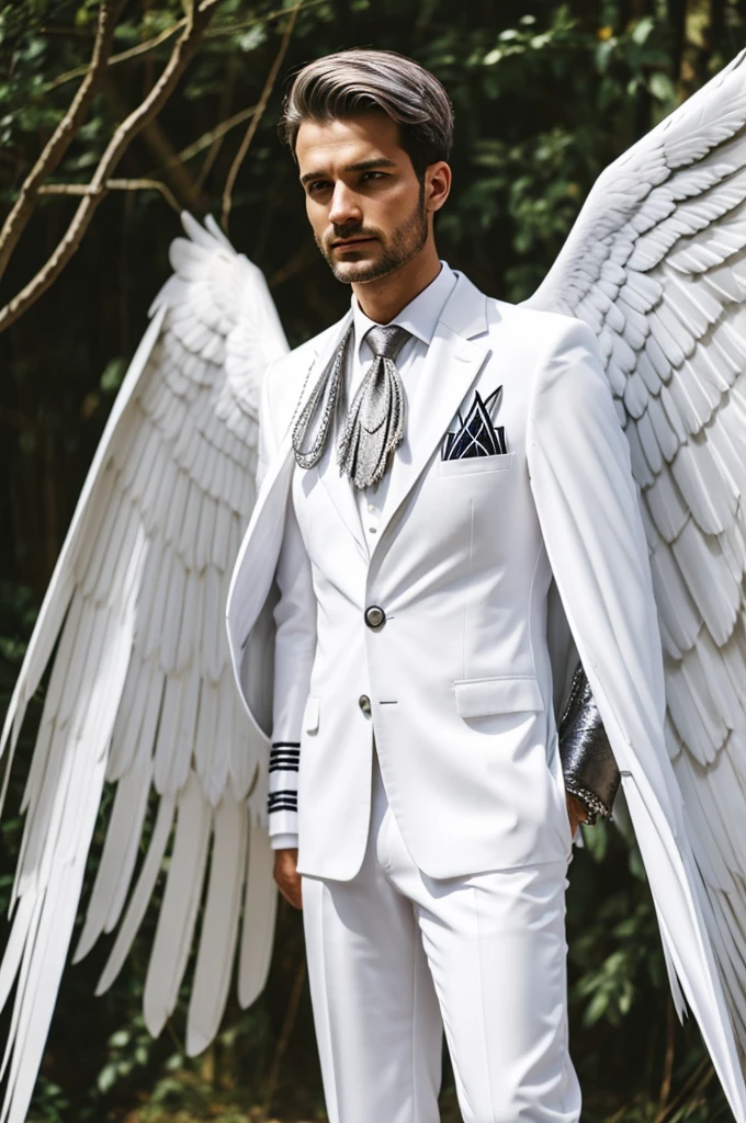 Man with white eagle suit with silver wings, showing bravery 