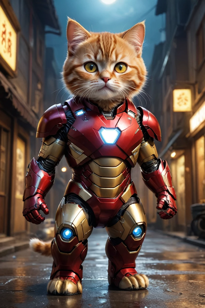 small, There are no humans in this world、The world of anthropomorphized cats、Wearing a full Iron Man suit、The famous Iron Man entrance pose、night、かわいいbornき物全身, Costumes,、 Fantasy art, Exquisite detail, An anthropomorphic, fat, furry tabby kitten with yellow eyes, Movie Scenes, Dramatic shot angles, , Realistic, born々Amazing cinematic photorealism, Action Portrait, 8K, detailed, Full Frame