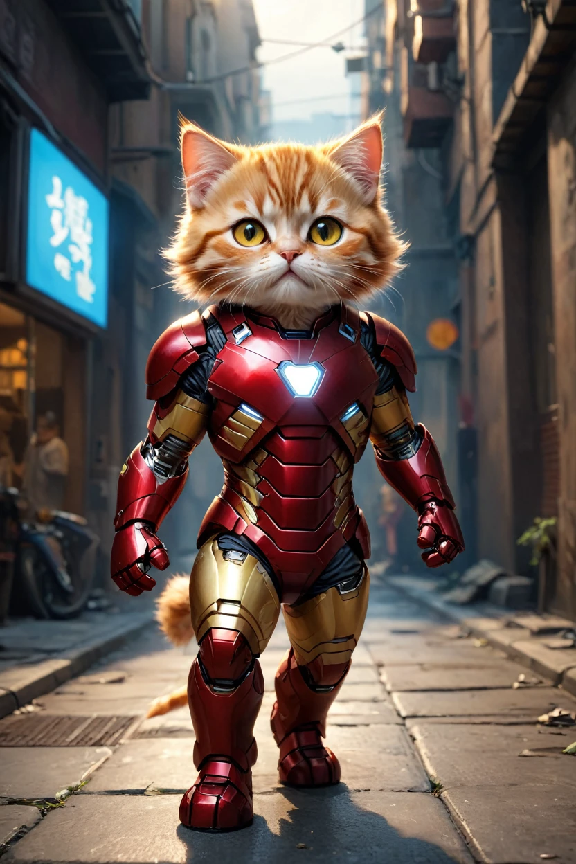 small, There are no humans in this world、The world of anthropomorphized cats、Wearing a full Iron Man suit、The famous Iron Man entrance pose、night、かわいいbornき物全身, Costumes,、 Fantasy art, Exquisite detail, An anthropomorphic, fat, furry tabby kitten with yellow eyes, Movie Scenes, Dramatic shot angles, , Realistic, born々Amazing cinematic photorealism, Action Portrait, 8K, detailed, Full Frame