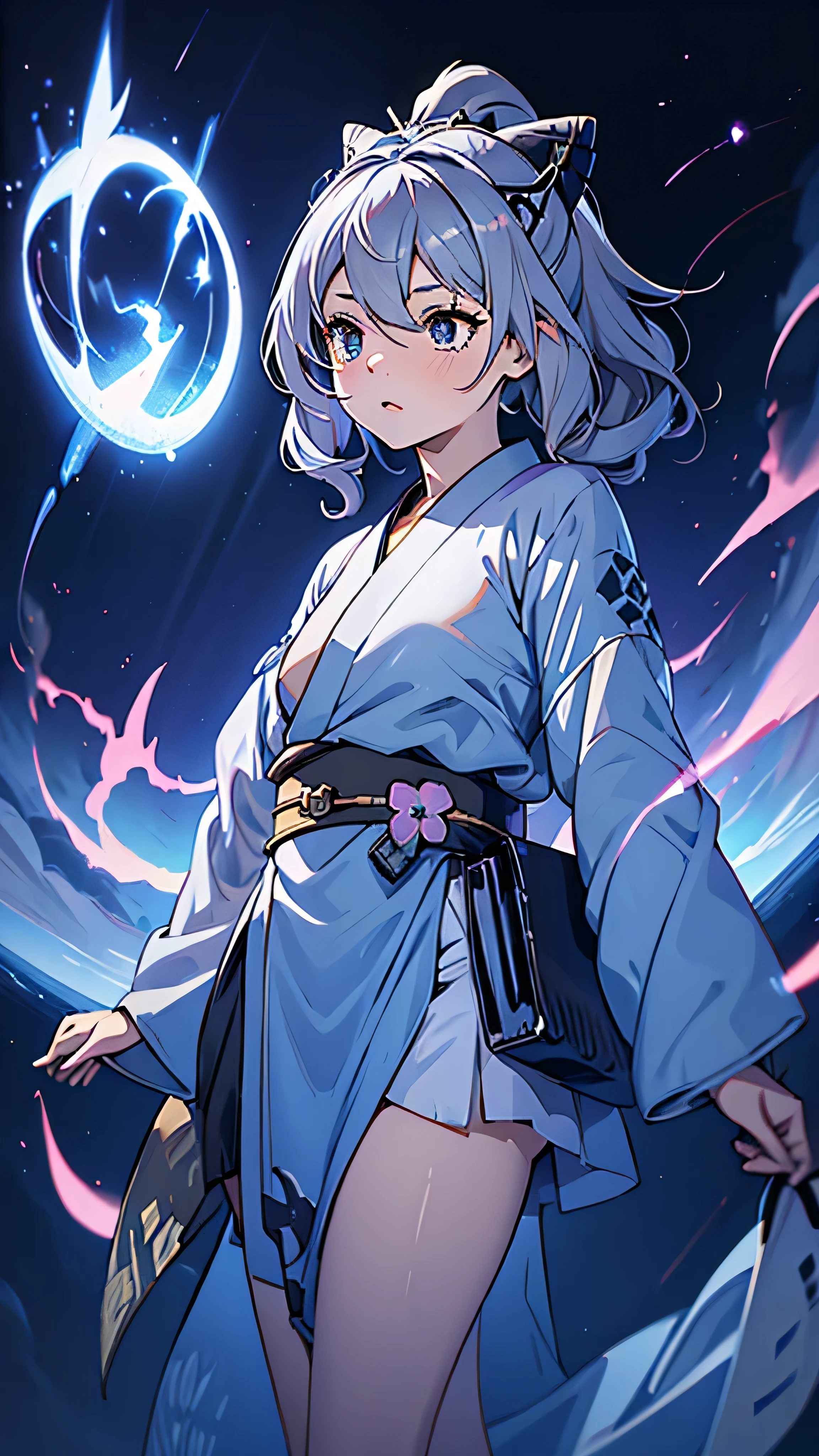 Criança;
naughty girl;
Wolf ears and tail;
Long messy hair;
gray hair;
Kimono with lightning cloud details;
Rays around the body;
It&#39;s in a black space full of clouds forming;
Sky blue eyes;



No fundo tem o espaco sideral com uma dimensão se formando 

Galaxia 
