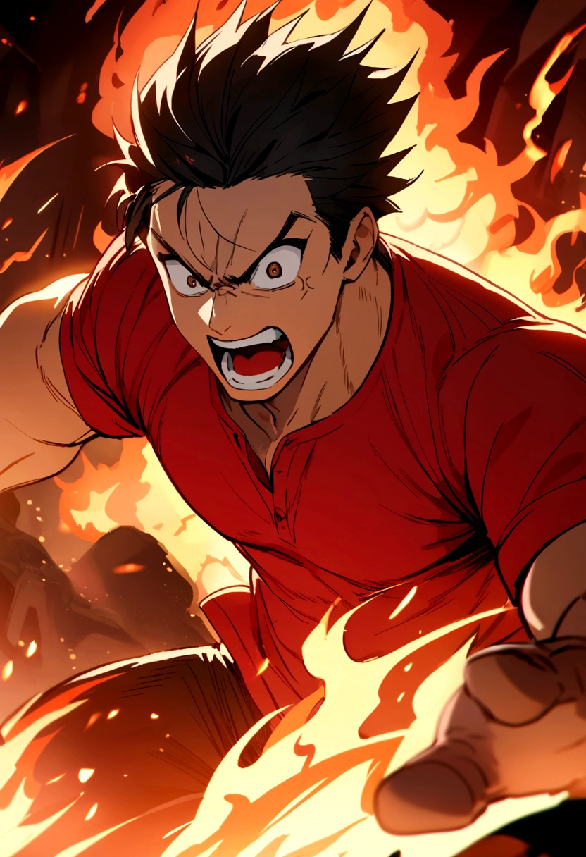 a muscular boy with short black hair in a red shirt screaming from excitement with an angry face and fire in the background