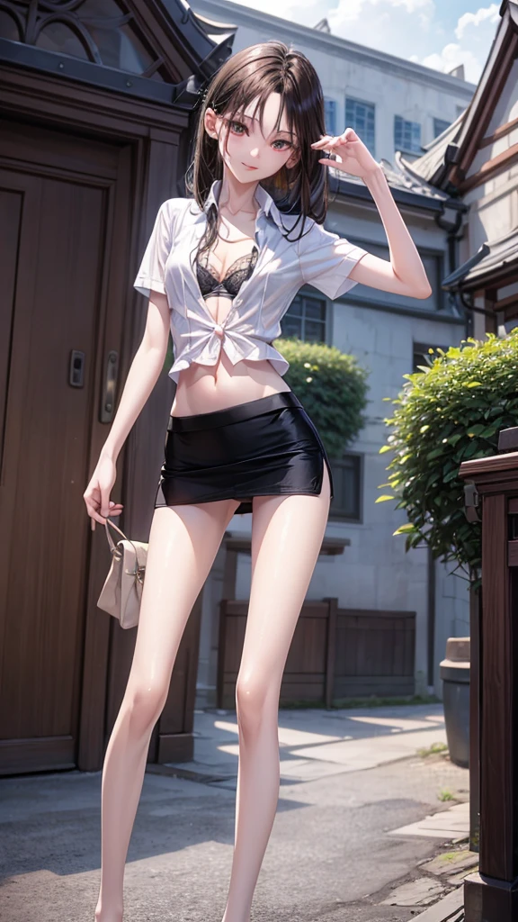 RAW, masterpiece, best quality, extremely detailed, 8k, HDR, photorealistic, intricate, (A skinny Korean girl), (straight hair), (extremely-slim body), (narrow and small hips:1.3), (extremely-white pale-porcelain skin), smile, standing, outdoors, wearing a (short sleeves shirt that is fully opened revealing bra) and (black extremely-short microskirt:1.4), (close-up picture) 