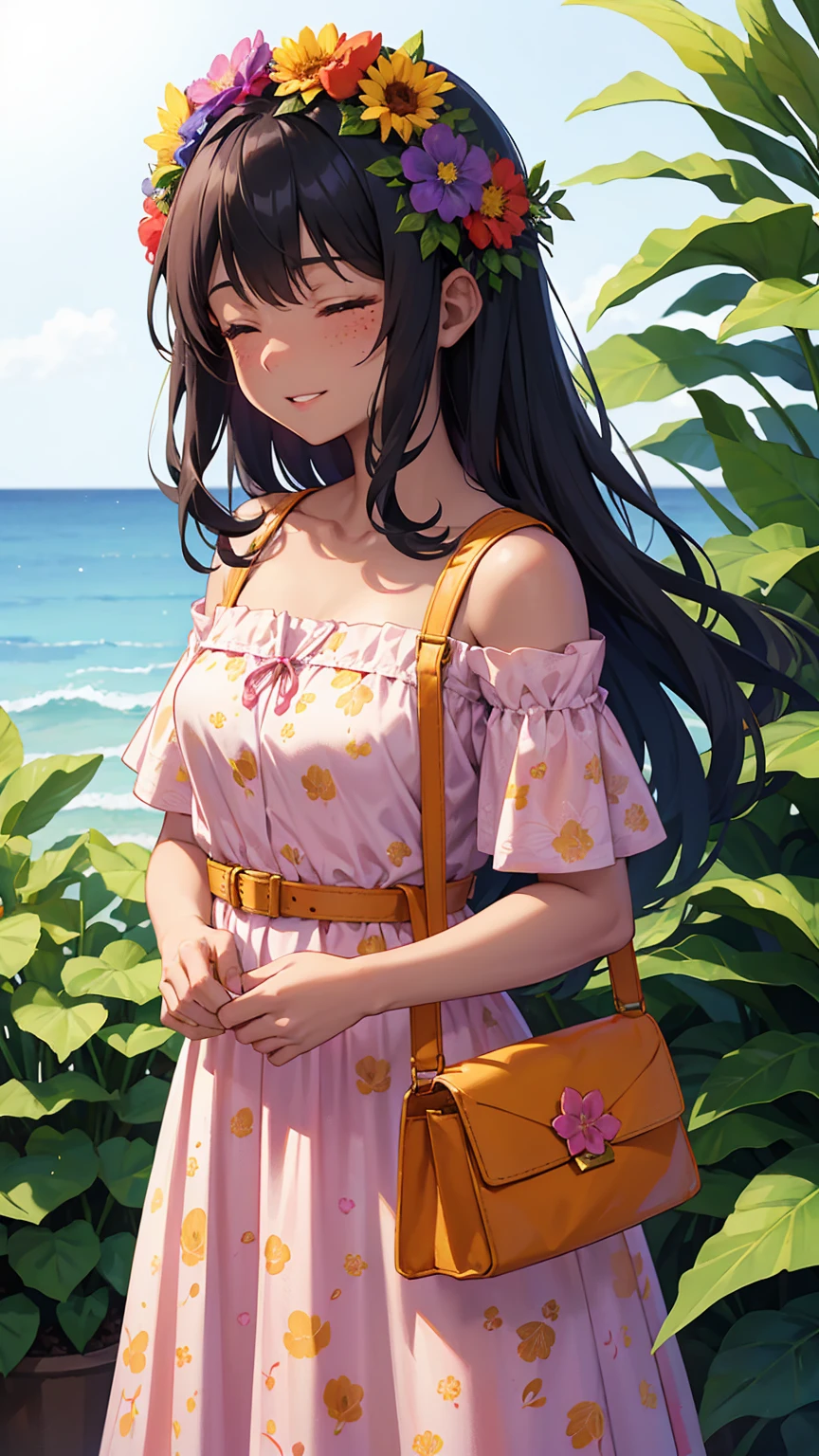 1girl, solo, long hair, blush, smile, black hair, hair ornament, dress, collarbone, closed eyes, flower, short sleeves, parted lips, belt, artist name, hair flower, dark skin, bag, dark-skinned female, leaf, floral print, red dress, plant, white flower, red flower, pink dress, facing viewer, pink flower, freckles, blue flower, curly hair, shoulder bag, yellow flower, purple flower, head wreath, orange flower, print dress