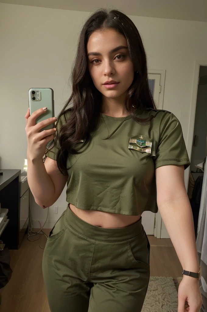arafed woman taking a selfie in a green crop top, wearing military outfit, military outfit, wearing a sexy cropped top, army girl outfit, outfit photo, wearing crop top, 2 4 year old female model, military girl, crop shirt and slightly big belly, half body cropping, physical : midriff, with two front pockets, wide hips