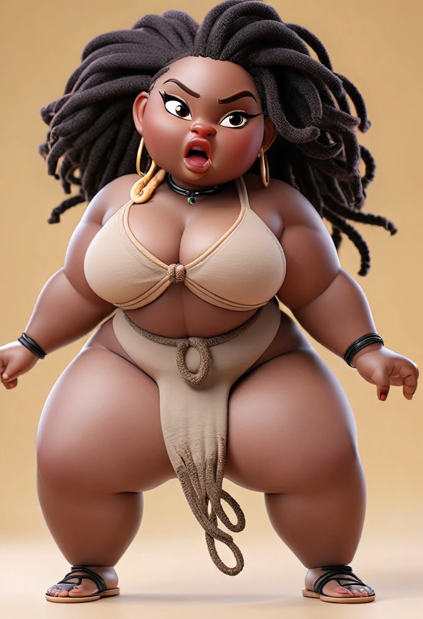 Ebony Chubby Woman, dreadlocks hair, naked body, showing her  and pubic hair, posing tô fight, (( fullbody view)), 5 meters away camera