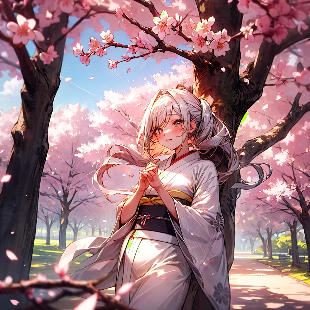 Beautiful woman in kimono，landscape，Cherry blossoms，Sunlight，warmth，Bright colors，Comfort