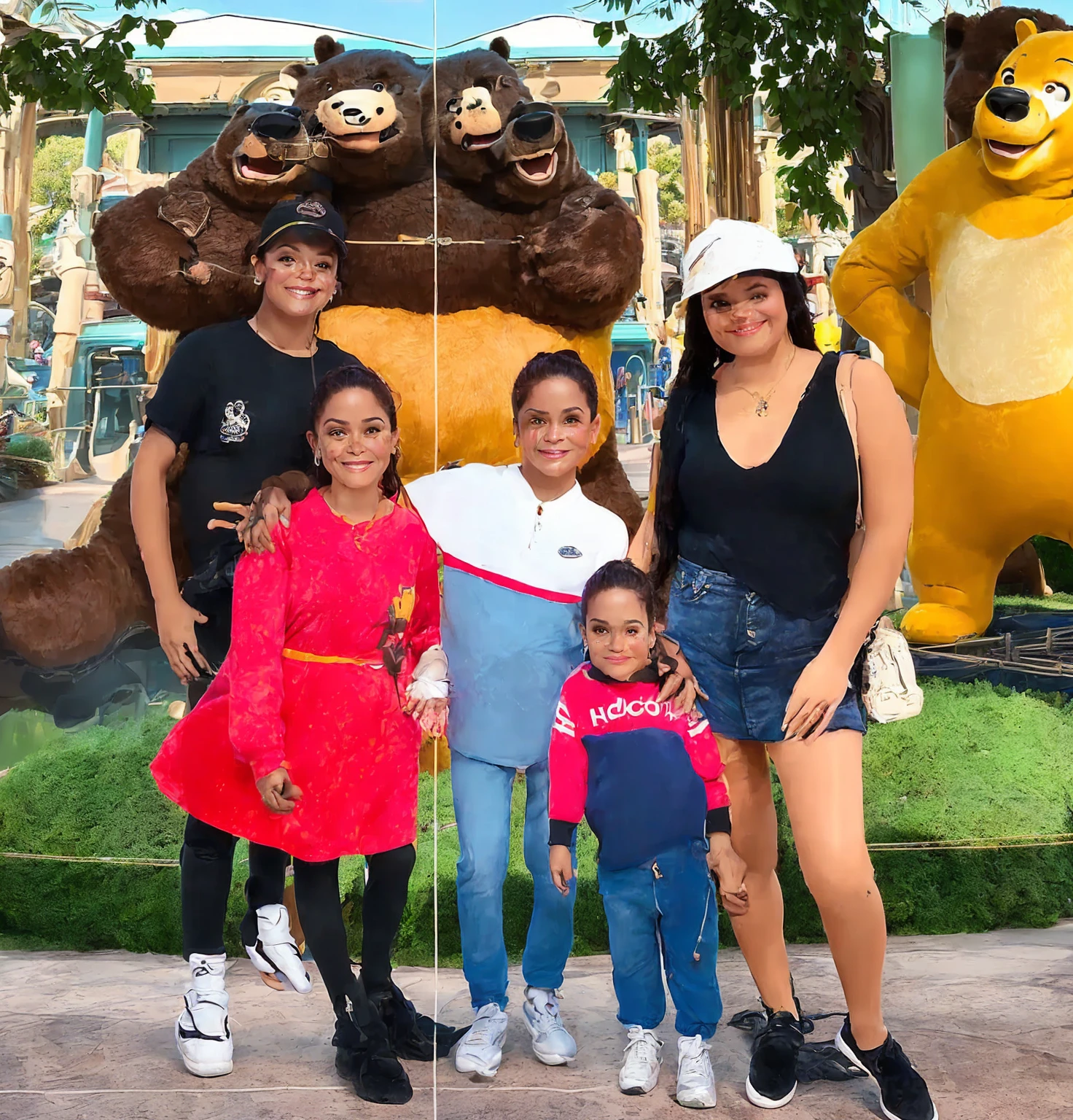 There is a group of people standing in front of a giant bear, In Disney, taken in the early 2020s, family photo, taken in 2 0 2 0, in california adventure, photo taken in 2 0 2 0, trends ，, vacation photo, theme park, disney land, beautiful, carla ortiz, by david rubin, Disneyland, Photo