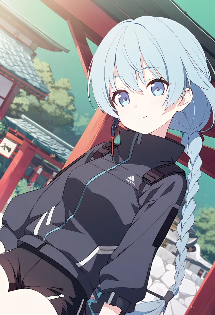 (One Girl,azure hair,Hairstyle: braided ponytail, pale blue eyes,Medium chest,Dynamic Angle)Techwear,Black shorts,A shrine with a green background,