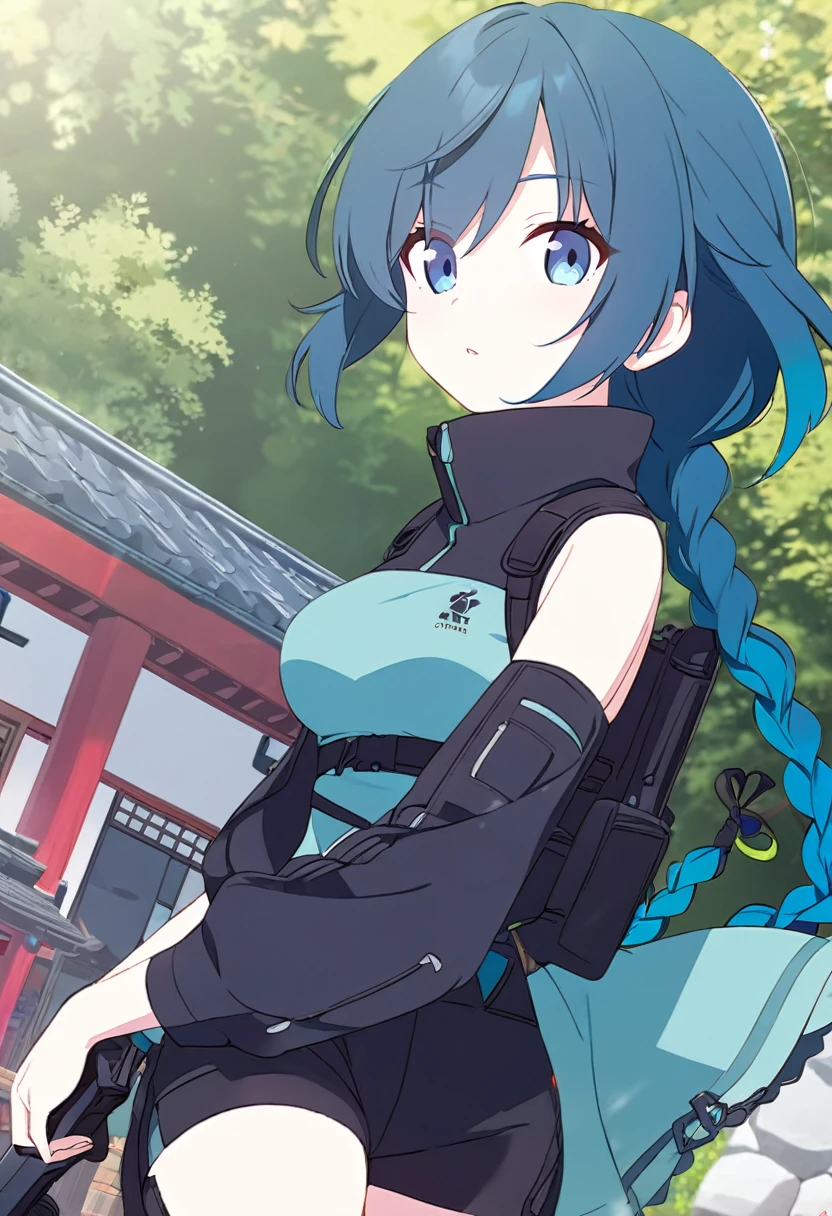(One Girl,azure hair,Hairstyle: braided ponytail, pale blue eyes,Medium chest,Dynamic Angle)Techwear,Black shorts,A shrine with a green background,